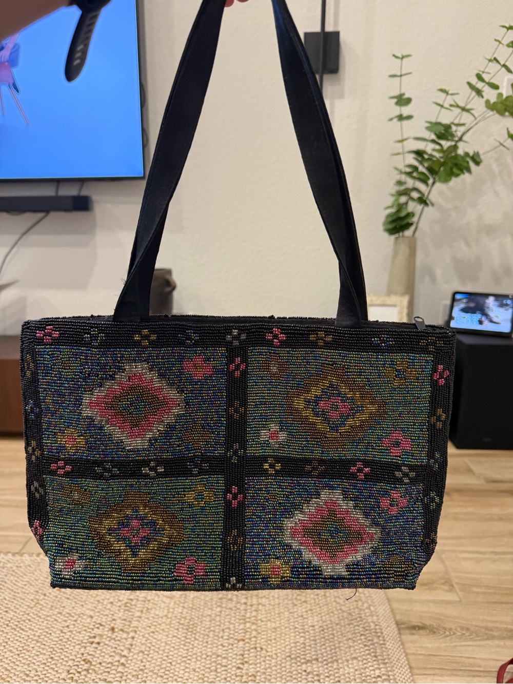 Vintage 90s Beaded Southwestern Grid Shoulder Bag
